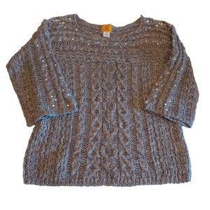 Ruby Rd Sweater Size M Medium Womens 3/4 Sleeve Jeweled Cable Knit Gray Holiday